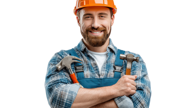 Smiling Construction Worker with Hammers: A skilled construction worker, wearing a protective hard hat, confidently holds two hammers, exuding expertise and readiness for any building challenge.