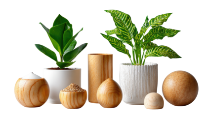 Natural Harmony: Featuring an ensemble of vibrant green plants and elegant wooden decorative elements. The scene emanates a sense of tranquility and a fresh, harmonious environment.