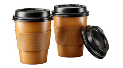 Caffeinated Companions: A close-up shot of two coffee cups and one open lid, each ready to serve as the perfect companion for a revitalizing break.