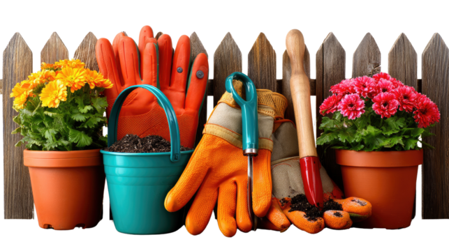 Garden Essentials: A colorful arrangement of gardening tools and vibrant flowers, embodying the tools of the trade and the beauty of nature.