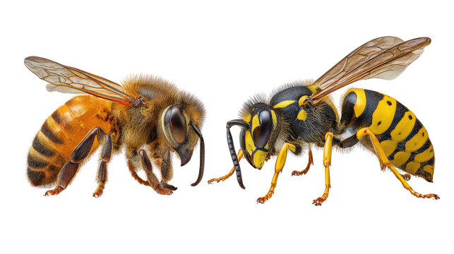 Bee and wasp Comparison: A detailed, high-angle composition that juxtaposes a solitary bee with a wasp, highlighting the distinct features of each insect. showing their unique appearance and anatomy.