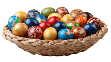 Colorful Eggs in Woven Basket: A delightful assortment of colorful Easter eggs nestles in a rustic woven basket, exuding a sense of spring and celebration, each egg a unique hue and design.
