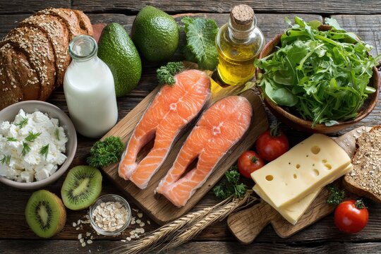 Healthy food variety with salmon, cheese, fruits, vegetables, and grains on wood - Powered by Adobe
