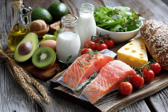 Assortment of healthy fresh ingredients like salmon, milk, cheese, fruits, vegetables, and bread - Powered by Adobe