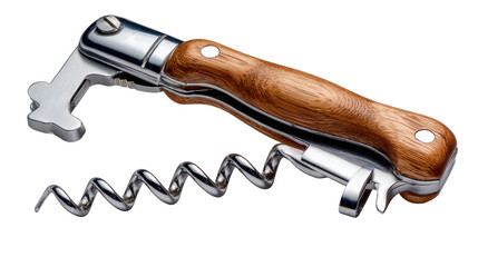 Classic Wine Opener: A close-up shot of a sophisticated corkscrew with a polished, wooden handle and gleaming metal components, resting on a surface. A symbol of fine dining and celebration.