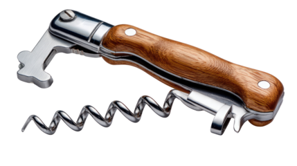 Classic Wine Opener: A close-up shot of a sophisticated corkscrew with a polished, wooden handle and gleaming metal components, resting on a surface. A symbol of fine dining and celebration.