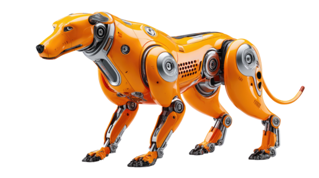 Cyber Canine: A futuristic robotic dog with a sleek orange and metallic design, embodying the convergence of technology and animal form.