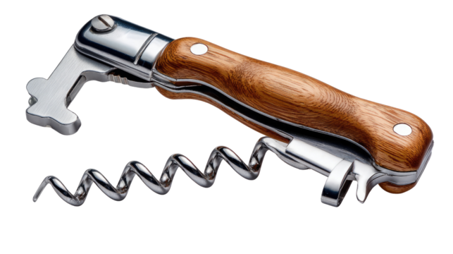 Classic Wine Opener: A close-up shot of a sophisticated corkscrew with a polished, wooden handle and gleaming metal components, resting on a surface. A symbol of fine dining and celebration. - Powered by Adobe