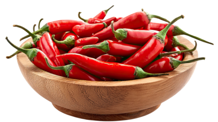 Fiery Bowl of Chili Peppers: A vibrant collection of red chili peppers overflows a rustic wooden bowl, ready to ignite culinary creations.