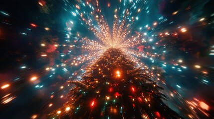 Worm's-eye view looking up through a translucent, crystalline Christmas tree, lights forming a kaleidoscopic pattern above, ethereal