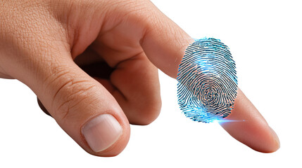 Digital Fingerprint: A close-up view of a fingertip displays a glowing fingerprint, symbolizing identity, security, and digital access.