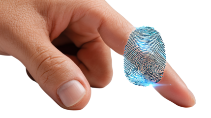 Digital Fingerprint: A close-up view of a fingertip displays a glowing fingerprint, symbolizing identity, security, and digital access.