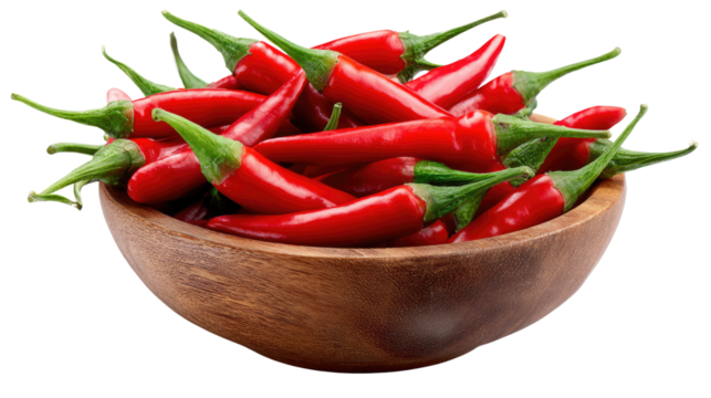 Fiery Red Chili in Wooden Bowl: A close-up shot showcases a vibrant collection of red chili peppers, overflowing from a rustic wooden bowl, ready to ignite taste buds.