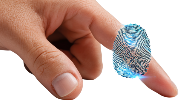 Digital Fingerprint: A close-up view of a fingertip displays a glowing fingerprint, symbolizing identity, security, and digital access.
