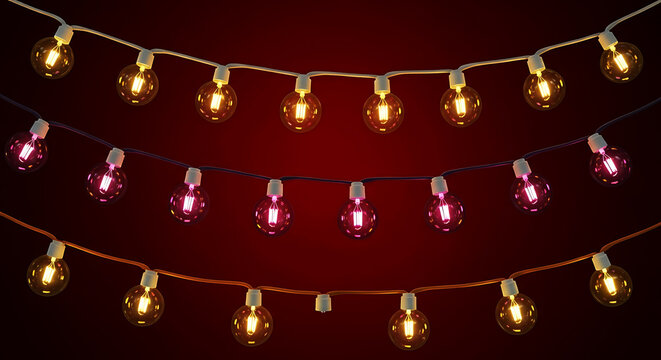 Three rows of glowing string lights with yellow and pink bulbs on dark red background image