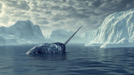 Narwhal, its tusk a spiraling shaft of pure, solidified moonlight, surreal ethereal ivory texture, cold arctic glow
