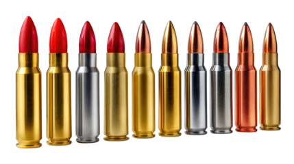 Ammunition Display: A meticulously arranged line of bullets, each with a unique metallic sheen and capped with vibrant tips, symbolizing power and precision.