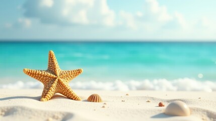 Peaceful Seashore Scene Starfish and Seashells on a Pristine Sandy Beach with Gentle Waves and a Calm Ocean