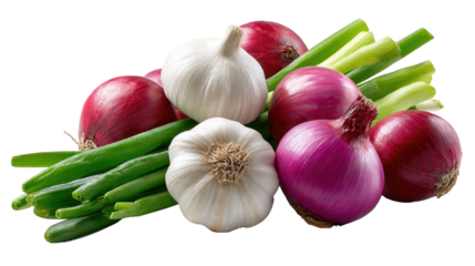 Culinary Trio: A vibrant selection of culinary ingredients, showcasing the freshness of raw garlic, vibrant red onions, and crisp scallions. A feast for the senses.