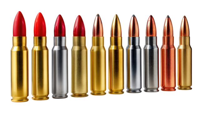 Ammunition Display: A meticulously arranged line of bullets, each with a unique metallic sheen and capped with vibrant tips, symbolizing power and precision.