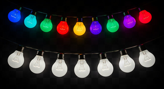 Two strings of incandescent light bulbs one colored one white on black background lightbulb lights - Powered by Adobe