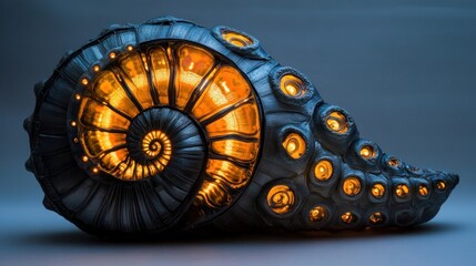 Bio-acoustic research device, shaped like an ammonite, listening to the deep ocean, covered in intricate glowing patterns, ancient form meets new tech