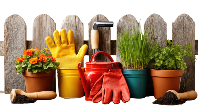 Harmony in the Garden: A charming assortment of gardening tools and vibrant plants, carefully arranged to celebrate the joys of cultivation and outdoor living.