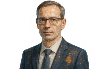 Man with circuit board patterns on skin and suit, symbolizing artificial intelligence, future technology, and integrated ai concepts