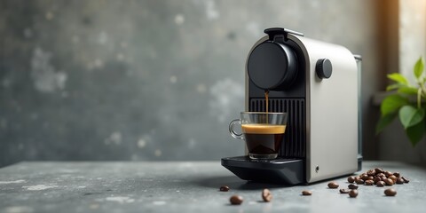A modern espresso machine brewing a rich cup of coffee, accompanied by scattered coffee beans on a textured surface.