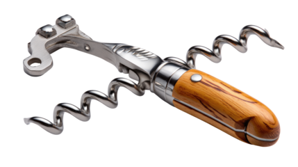 Corkscrew: A high-angle close-up showcases a detailed corkscrew, a practical tool with a stylish design, capturing the essence of wine opening.