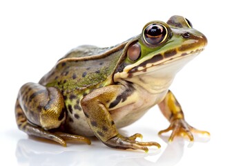 Obraz premium A green frog sitting on a white surface looking to the right