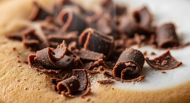 Close up of rich dark chocolate shavings sprinkled on a light brown surface.