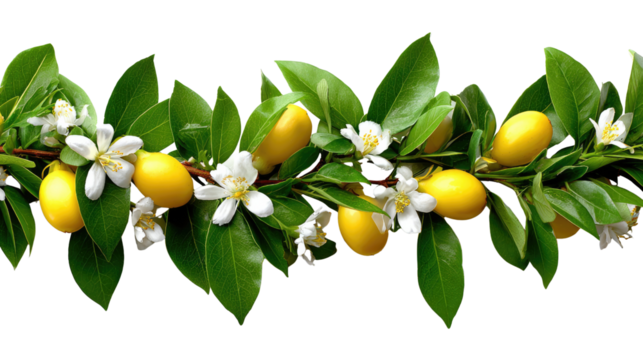 Lemon Blossom Garland: A vibrant, horizontal shot of a lemon tree branch adorned with ripe lemons and delicate white blossoms, arranged as an elegant garland. Captures freshness and natural beauty. - Powered by Adobe