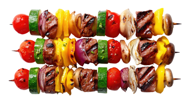 Flavorful Skewers Display: Vibrant skewers showcase an array of colorful grilled vegetables and succulent pieces of meat, creating an inviting culinary display. 
