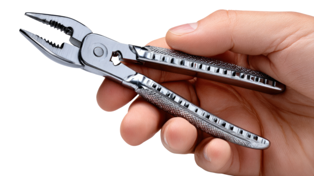Pliers in Hand: A close-up shot of a hand firmly gripping a set of versatile pliers, showcasing their robust design and readiness for any task.