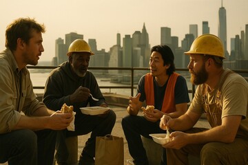 Construction workers sharing lunch together with the skyline behind.