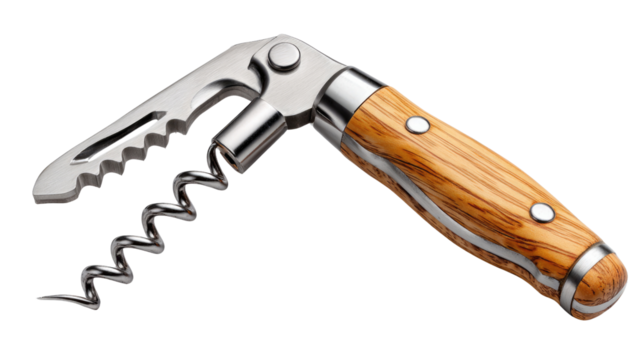 Wine Opener Close-Up: A detailed shot of a classic, elegant wine opener, featuring a sleek metal design with a wooden handle. It evokes a sense of anticipation and the enjoyment of the moment.