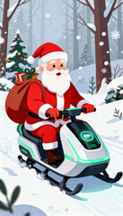 Cartoon illustration of Santa Claus on an electric sleigh, cheerfully delivering Christmas presents amidst the winter snow.