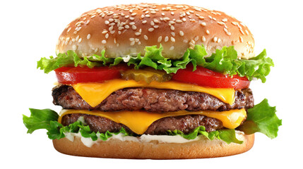 Delicious Double Cheeseburger: A mouthwatering double cheeseburger, complete with juicy patties, melted cheese, fresh lettuce, ripe tomato slices, and pickles.