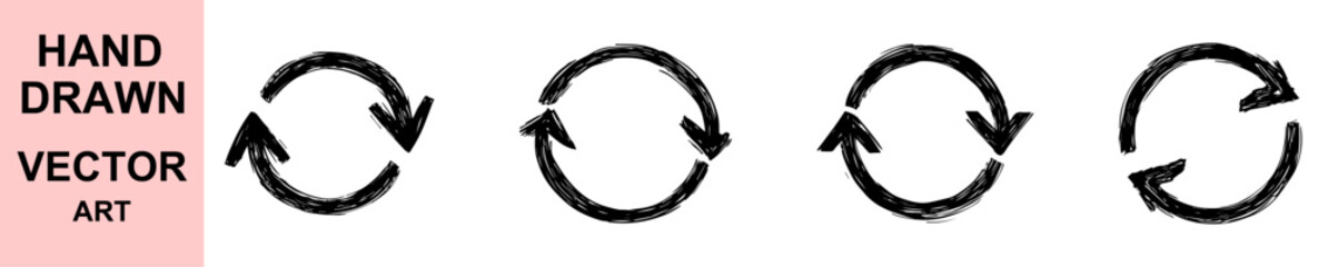 Hand drawn circular refresh arrows vector illustration set showing sketch rotation symbols representing cycle, reload, loop, repeat motion with artistic textured marker style for creative design proje