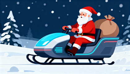Santa Claus on a modern sleigh filled with presents flies through the winter snow on a joyous Christmas day.