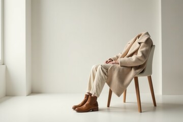 A headless figure in a cozy cream-colored coat sits on a minimalist chair, legs crossed, wearing stylish brown ankle boots, exuding a serene and fashionable aura.