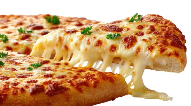 Slice of cheesy pizza: A close-up shot of a cheesy pizza, with a slice being lifted to show off the melted cheese, it is golden-brown.