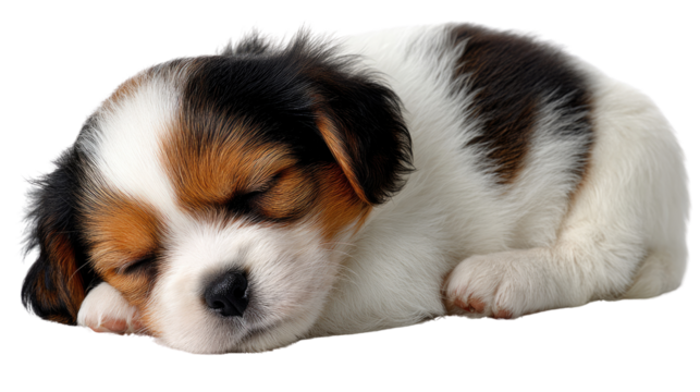 Sleeping Puppy: A serene moment captured as a fluffy puppy sleeps soundly, its small body curled up in a position of complete peace and tranquility.