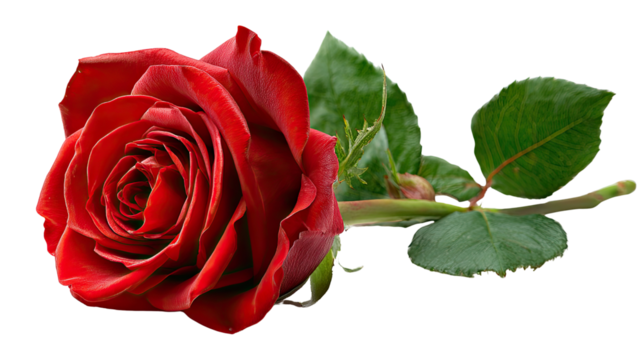 Crimson Rose of Passion: A single, radiant red rose blooms, its velvety petals unfurling in a display of intense beauty and delicate texture, accompanied by vibrant green foliage.