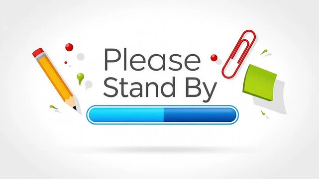 Animated "Please Stand By" Screen with Pencil, Paperclip, and Loading Bar