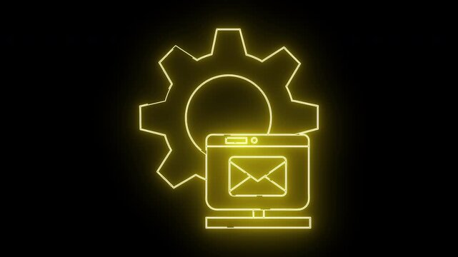 Yellow outline gear computer with envelope icon Black background