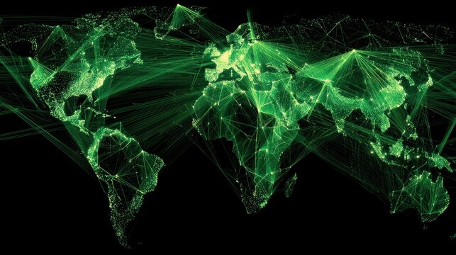 A digital representation of a world map with green lines connecting various locations, symbolizing global networks and connectivity. - Powered by Adobe
