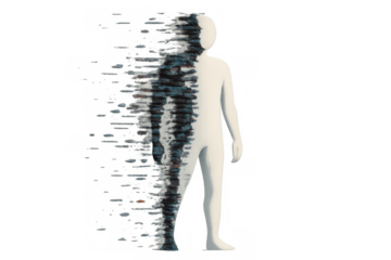 Human figure dissolving into particles, concept of digital disintegration, abstract identity crisis, virtual reality avatar