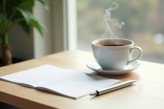 A steaming cup of coffee sits beside a blank notebook and pen on a light wood table, bathed in soft natural light from a nearby window.